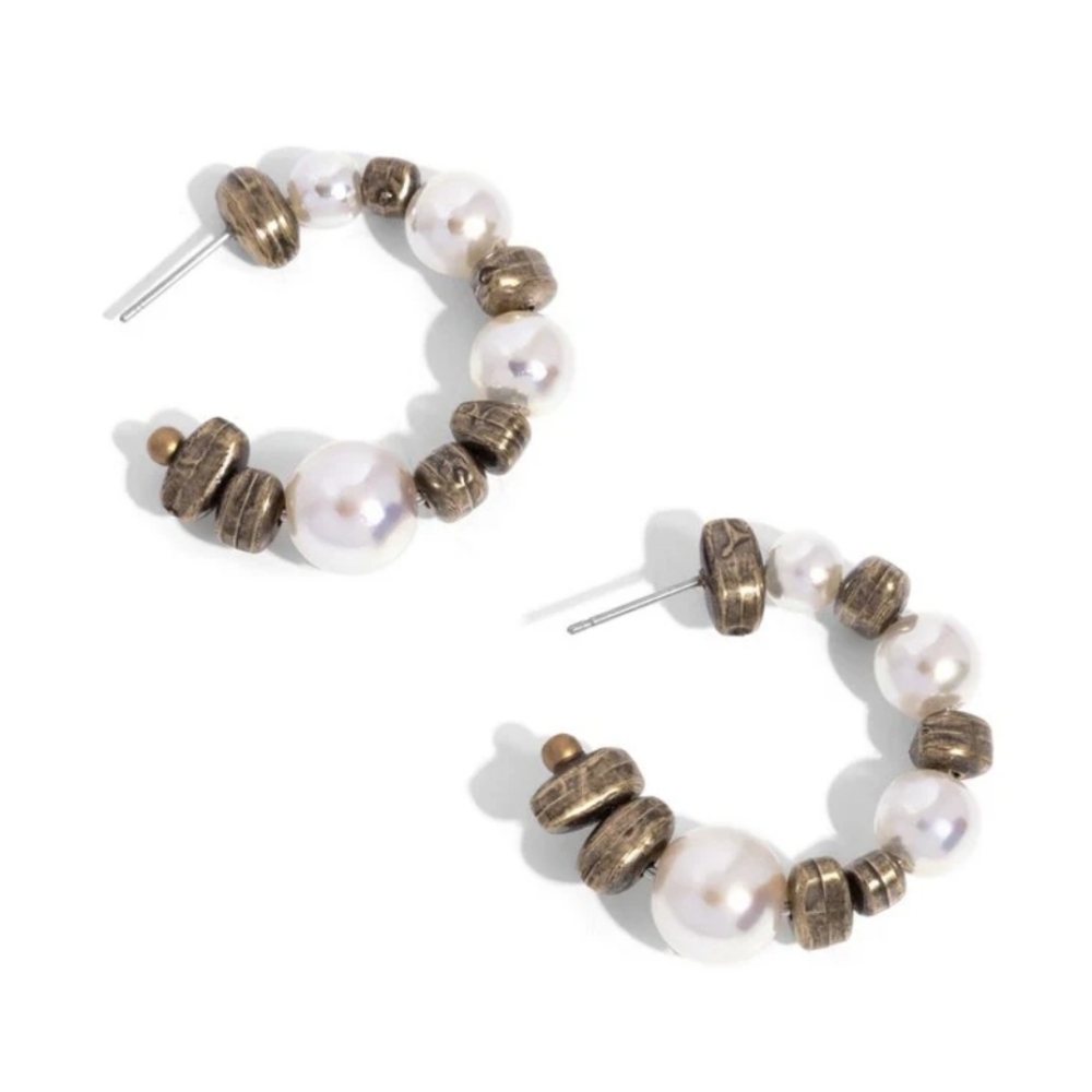 Playful Pearls Brass Hoop Earrings - Picture 1 of 3